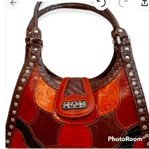 Chic Patchwork Shoulder Bag in Red and Brown